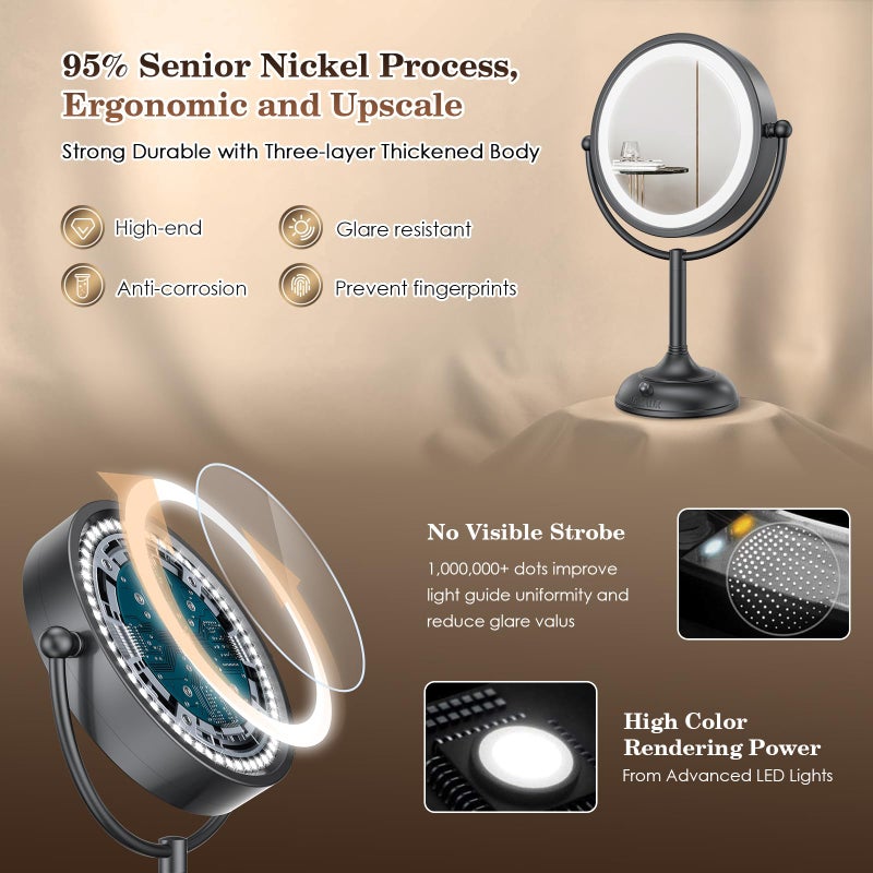 VESAUR Professional 8.5" Lighted Makeup Mirror, 1X/10X Double Sided HD Undistorted Magnifying Mirror with 3 Color 90 Dimmable LED lights, 360Â° Rotation Vanity Mirror, Unique Black Nickel with Gift Box - Image 5